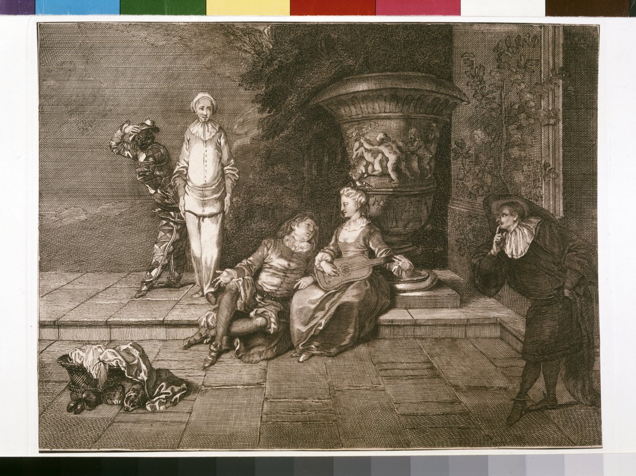 Originele Gravure met Pierrot links door Unknown artist
