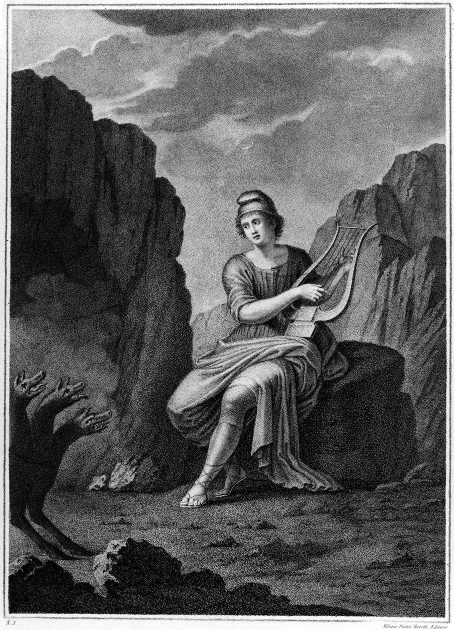 Orpheus bij de ingang van de onderwereld ontmoet Cerberus. Lithografie. 19e eeuw door Unknown artist