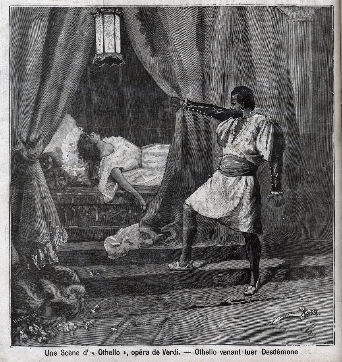 Othello heeft zojuist Desdemona in zijn bed vermoord. Scène uit de opera 