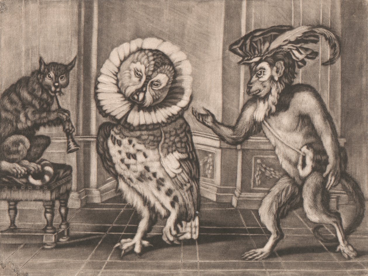 Uil, Aap en Kat uit Mezzotintoes door Smith, Vol. III door Unknown artist