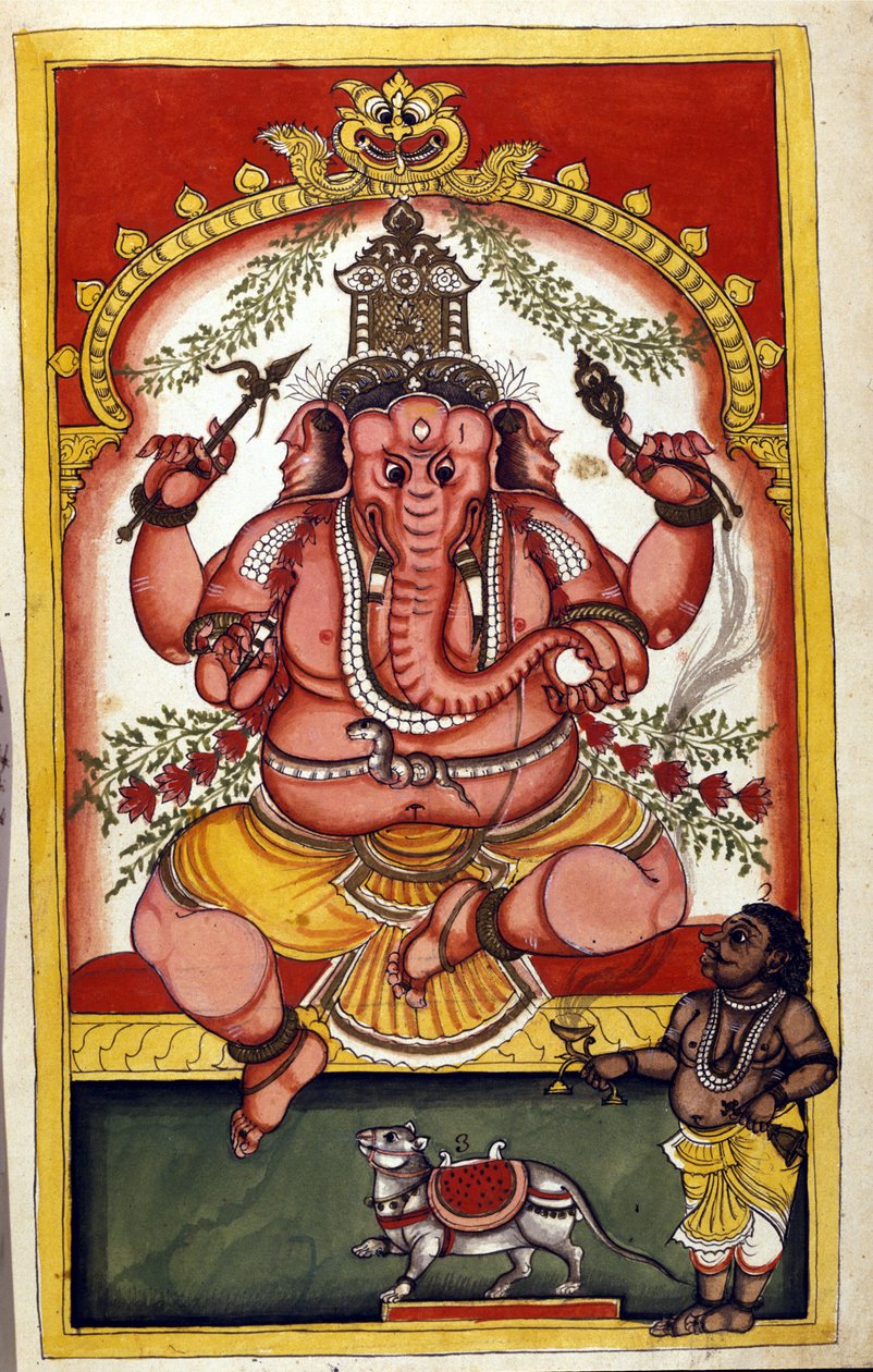 Pagina met de hindoeïstische godheid Ganesha (Ganesh of Ganapati), beschermheilige van handelaren, reizigers en dieven. Pagina uit het manuscript (ms.8300) 