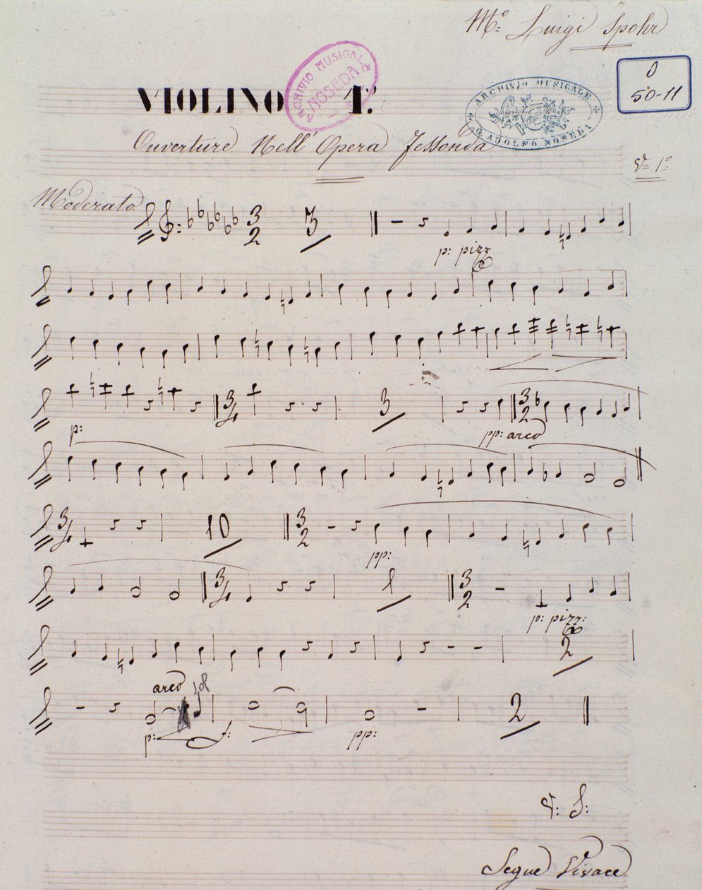 Pagina van de partituur voor de eerste viool in de ouverture van de opera Jessonda door Louis Spohr door Unknown artist