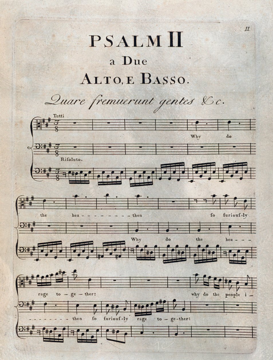 Pagina van de tweede psalm in de muzikale partituur van "De psalmen" door Benedetto Marcello door Unknown artist
