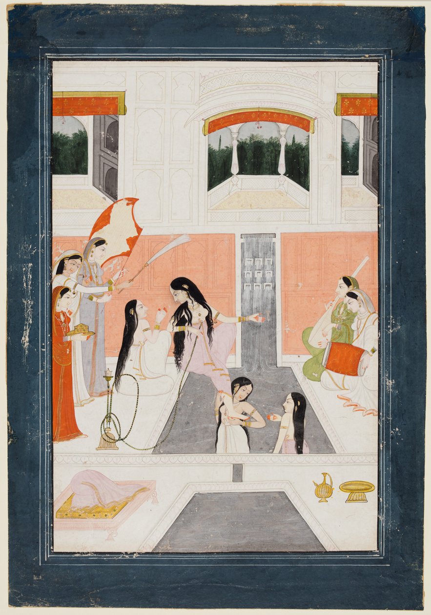Paleisdames genieten van muziek naast een waterval door Unknown artist