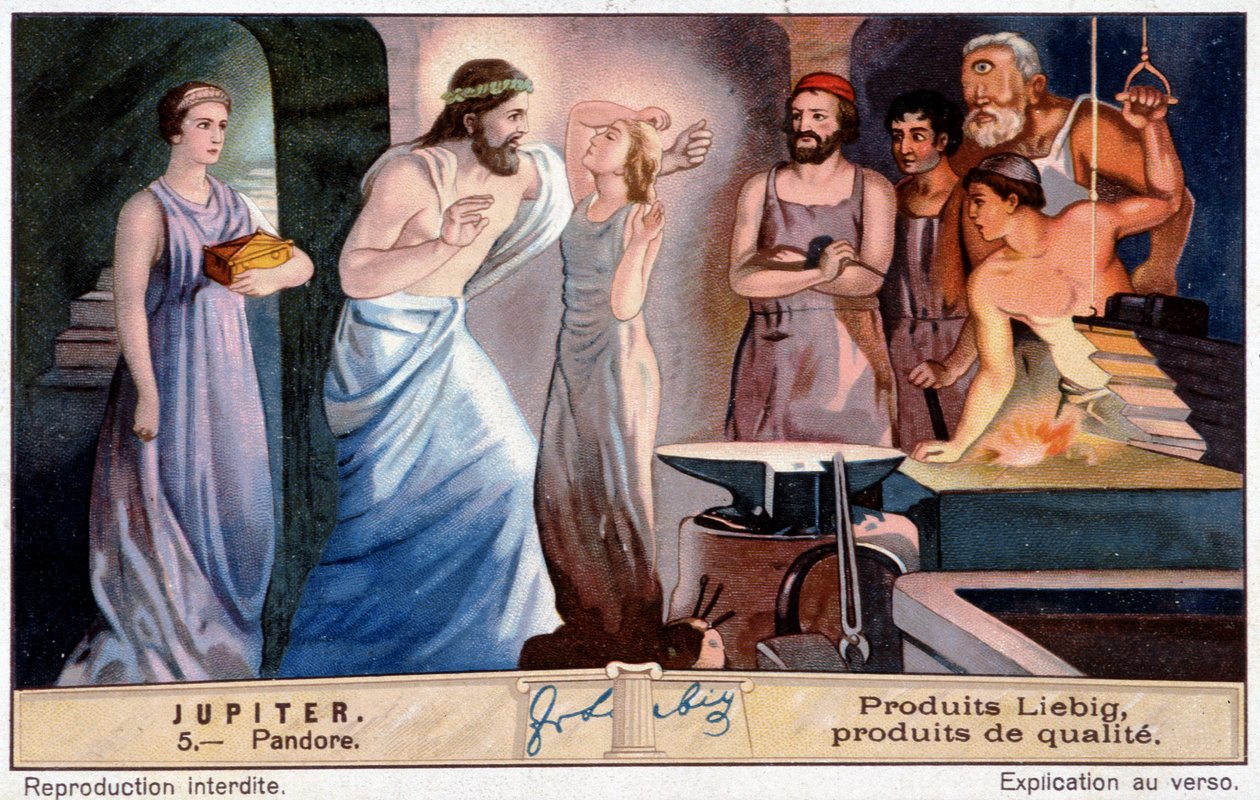 Pandora, de eerste vrouw, gecreëerd op bevel van Jupiter - Liebig chromolithografie door Unknown artist