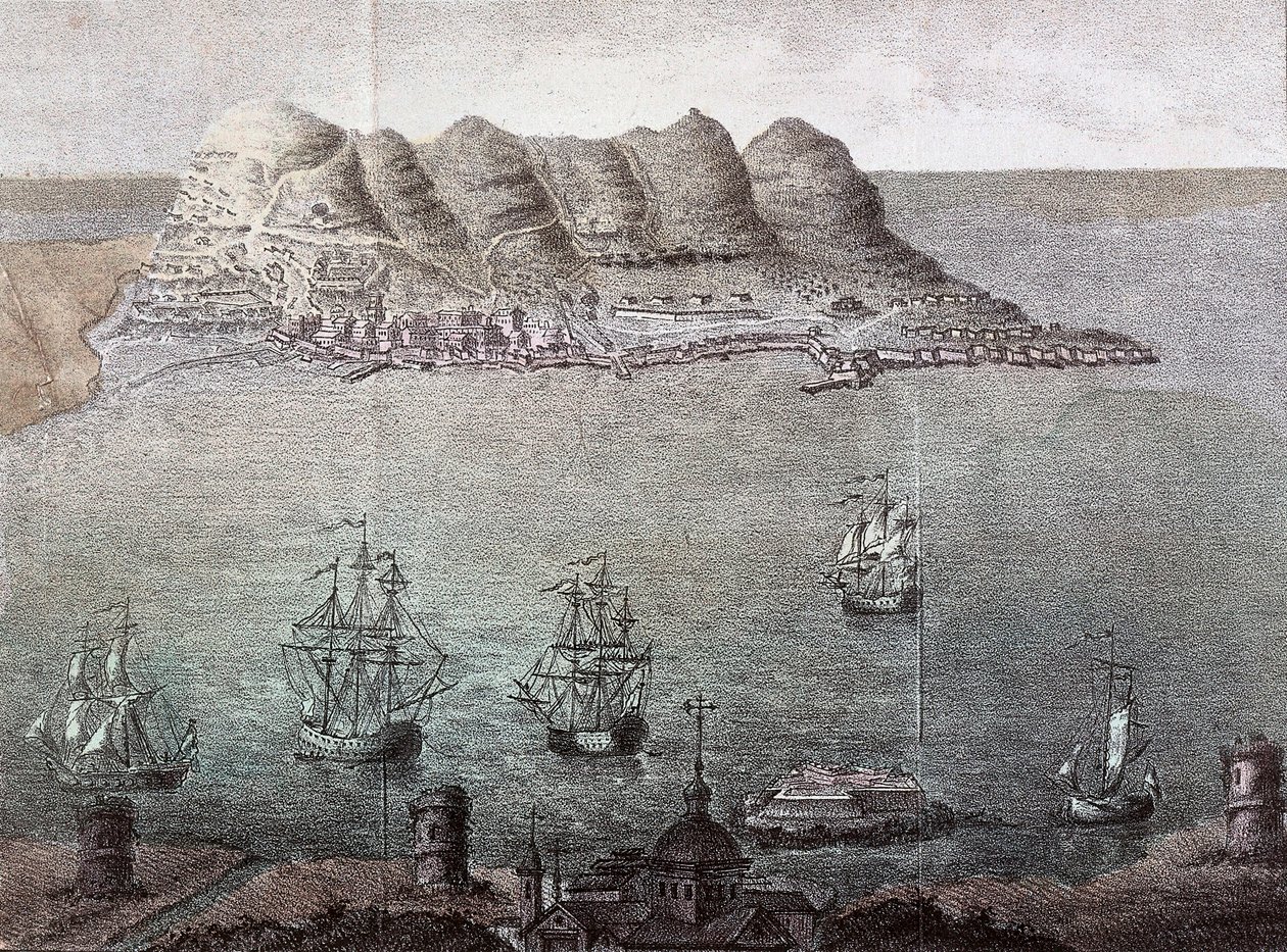 Panoramisch uitzicht op Gibraltar en de Detroit. door Unknown artist
