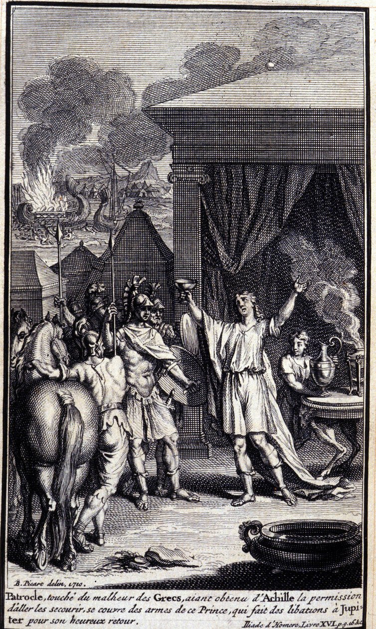 Patroclus, geraakt door het ongeluk van de Grieken, verkreeg toestemming van Achilles om hen te redden, bedekt zich met de wapens van deze prins, die offers brengt aan Jupiter voor zijn gelukkige terugkeer. Illustratie van boek XVI van de Ilias van Homerus door Unknown artist