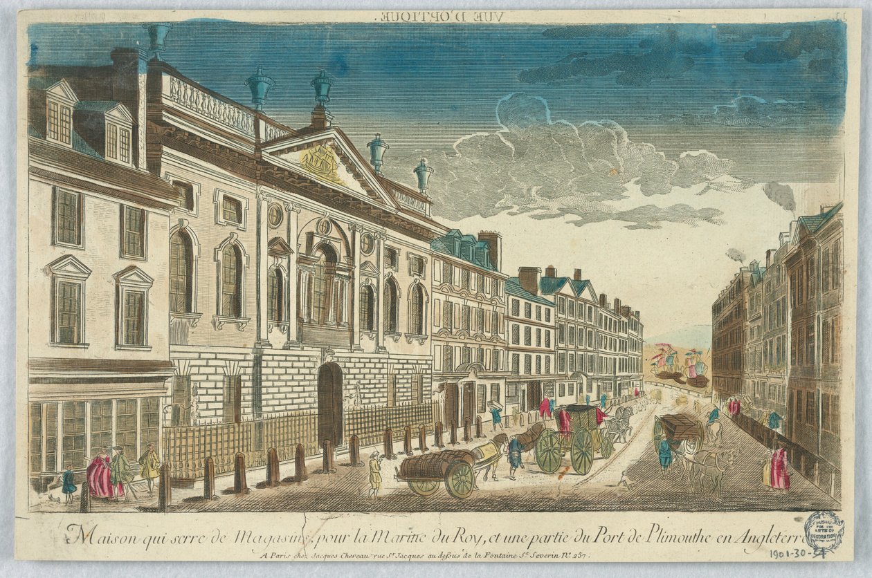 Kijkdoos, Maison Quiserie de Magasins, voor de Marine van de Koning, en een deel van de Haven van Plymouth in Engeland door Unknown artist