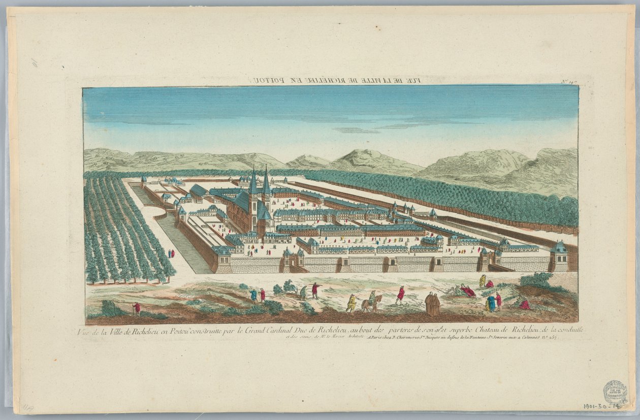 Kijkdoos, Vue de la Ville de Richelieu en Poitou gebouwd door de Grote Kardinaal Hertog van Richelieu, aan het Einde van de Parterres van Sougid en het Prachtige Kasteel van Richelieu de la Conduitte, No. 147 door Unknown artist