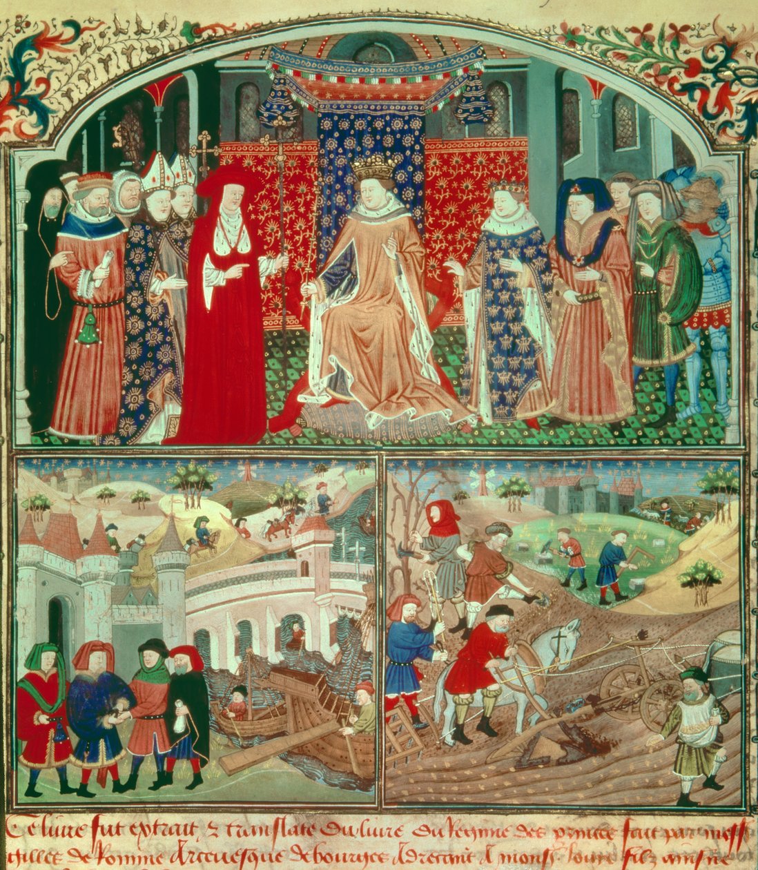 Philippe de Schone (1268-1314) met ploegscène en koopmansscène. Miniatuur in 