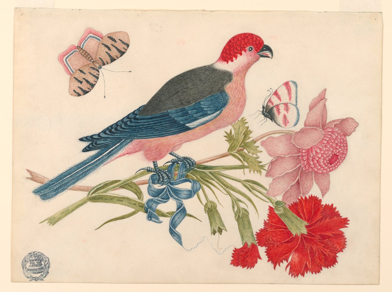 Roze, rode, blauwe en zwarte vogel op tak met bloesems en vlinders door Unknown artist
