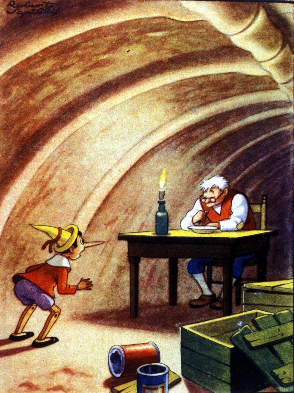 Pinocchio vindt zijn vader in de buikholte van een enorme vis. Illustratie van Carlo Collodi