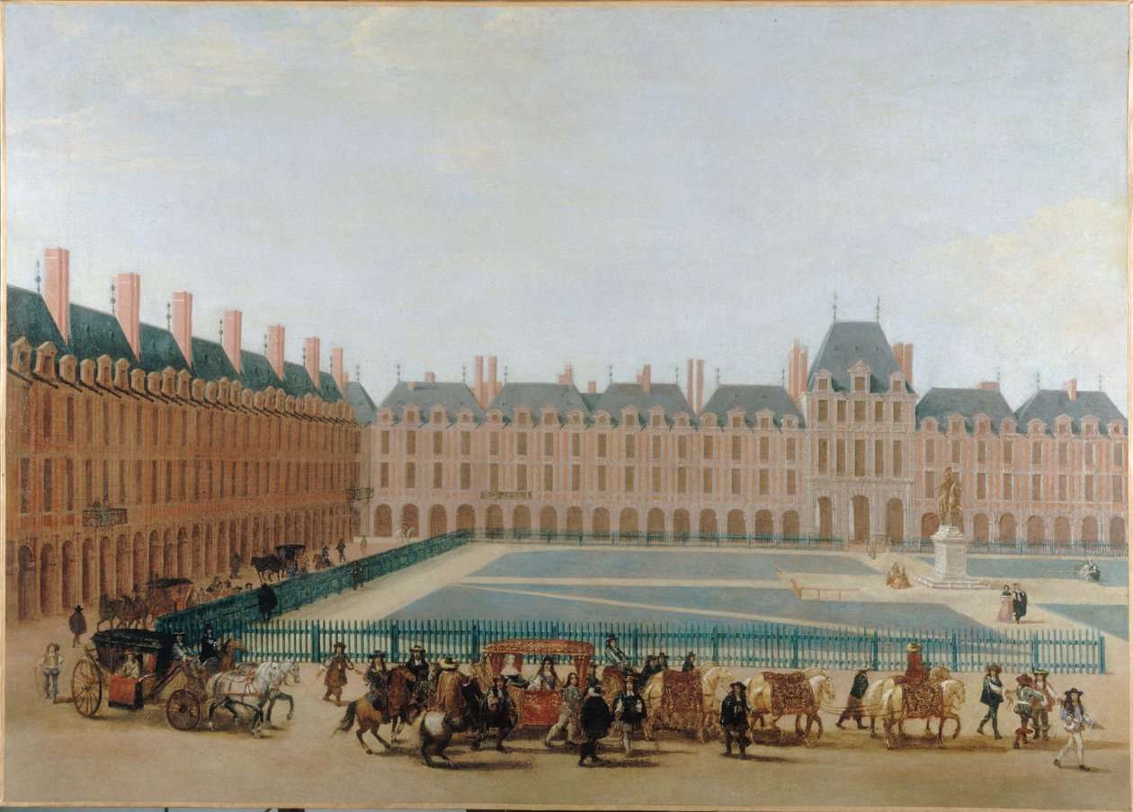 Place Royale; passage van de koninklijke koets. Huidige Place des Vosges, 4e arrondissement door Unknown artist