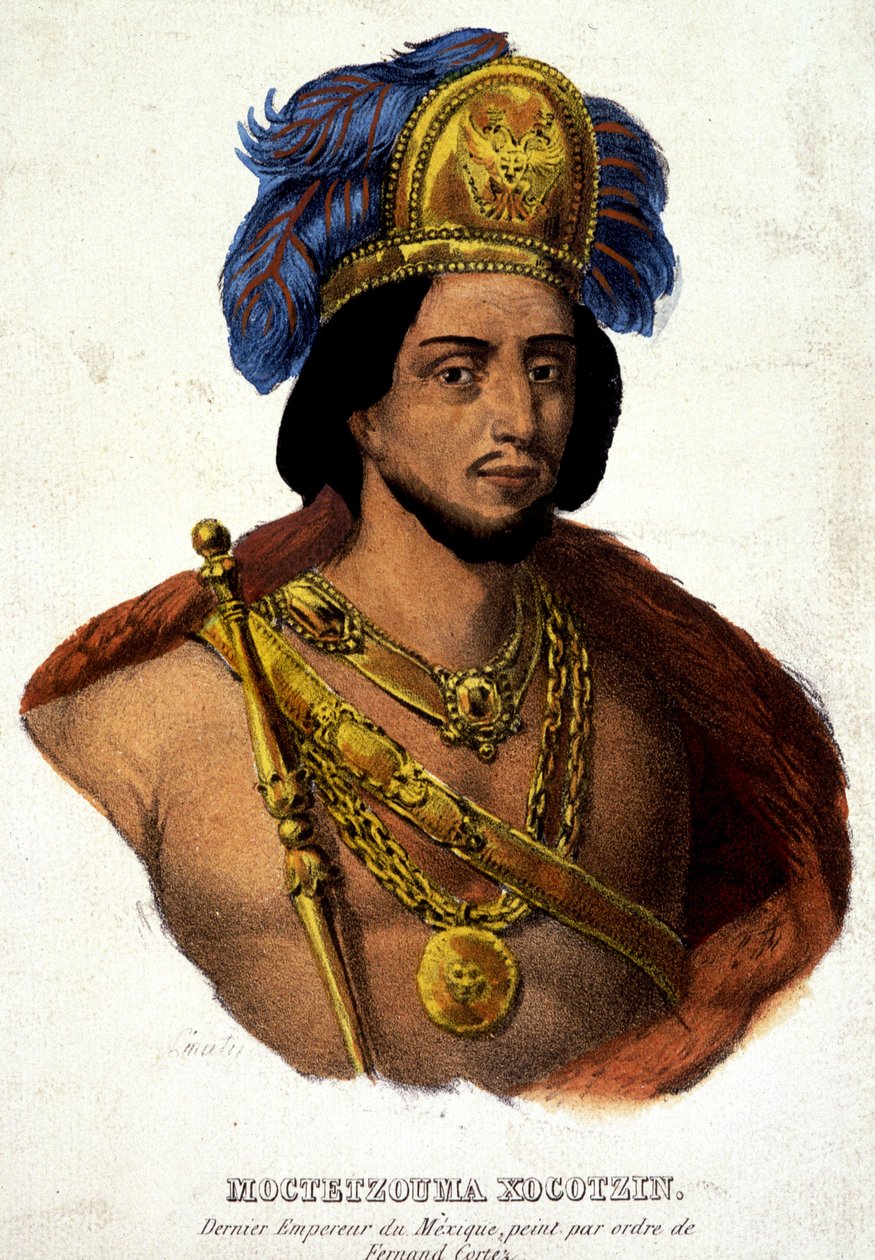 Portret in buste van Moctezuma (of Montezuma), laatste keizer van Mexico - ill. 19e eeuw n.a.v. doc. 16e eeuw door Unknown artist