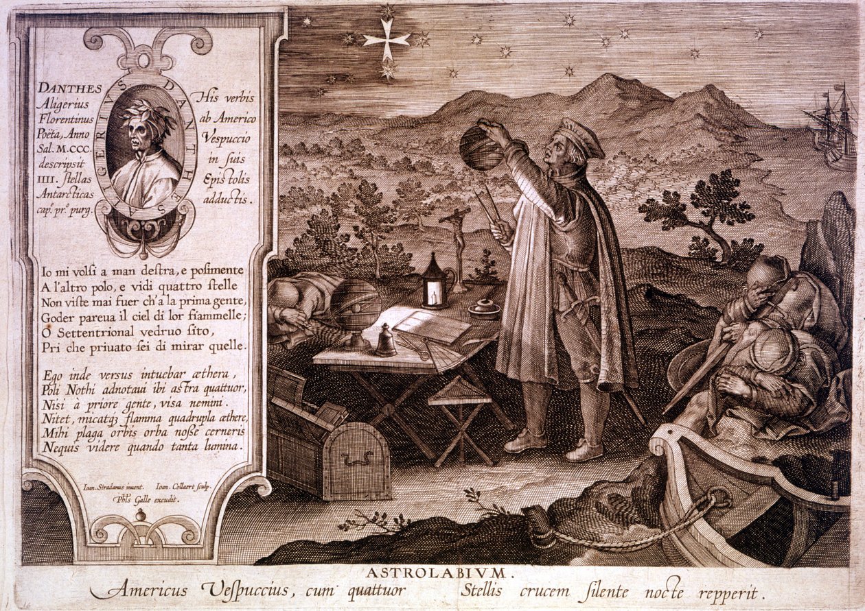 Portret van Amerigo Vespucci (1454 - 1512), Italiaanse navigator, afgebeeld terwijl hij een astrolabium gebruikt. In een doos links is een portret van Dante Alighieri evenals een passage van het eerste lied van het Vagevuur van de Goddelijke Komedie. Gravu door Unknown artist