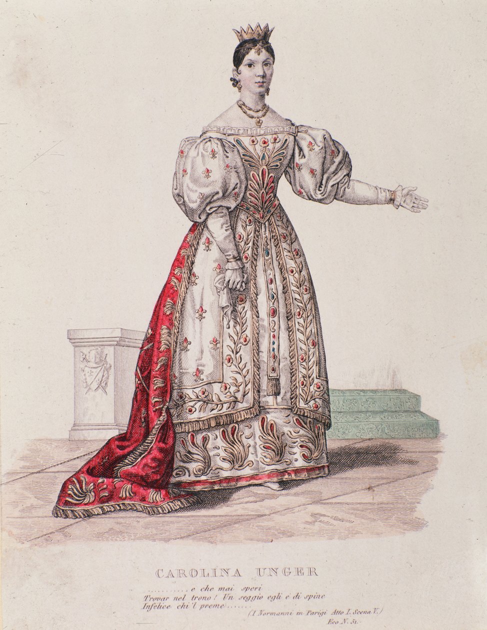 Portret van Caroline Ungher (Unger) die optreedt in I Normanni a Parigi (gravure) door Unknown artist
