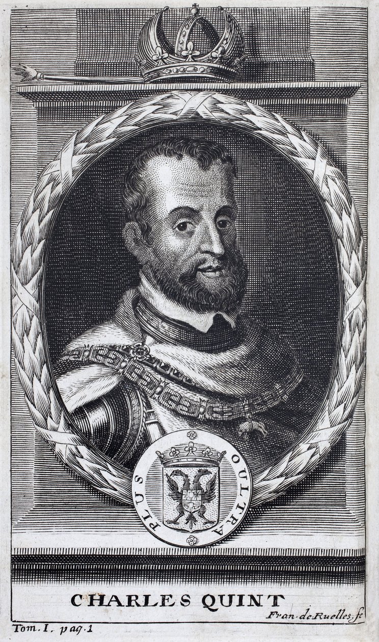 Portret van Karel V (1500-1558), koning van Spanje en Spaans-Amerika, koning van Sicilië en keizer van het Heilige Roomse Rijk (1519-1556). Gravure ter illustratie van 