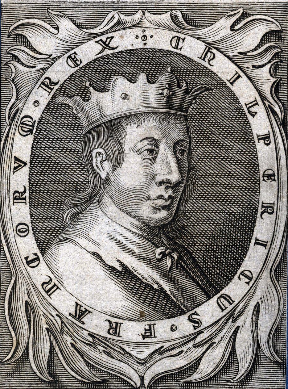 Portret van Chilperic II (ca. 670 - 721), koning van Neustrië. Gravure van de 18e eeuw. door Unknown artist