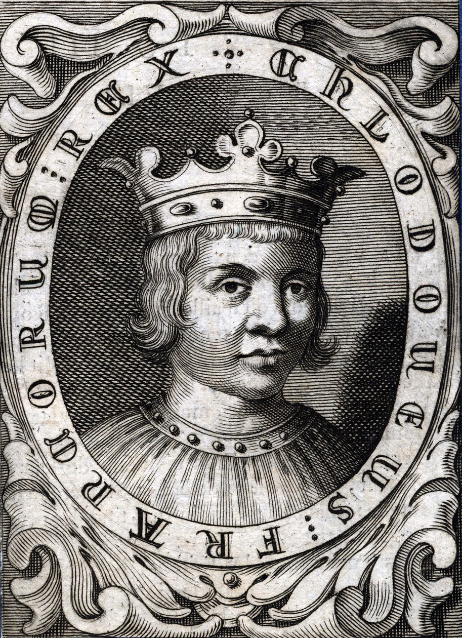 Portret van Clovis III (? - 695), Koning van Austrasië. Gravure uit de 18e eeuw door Unknown artist