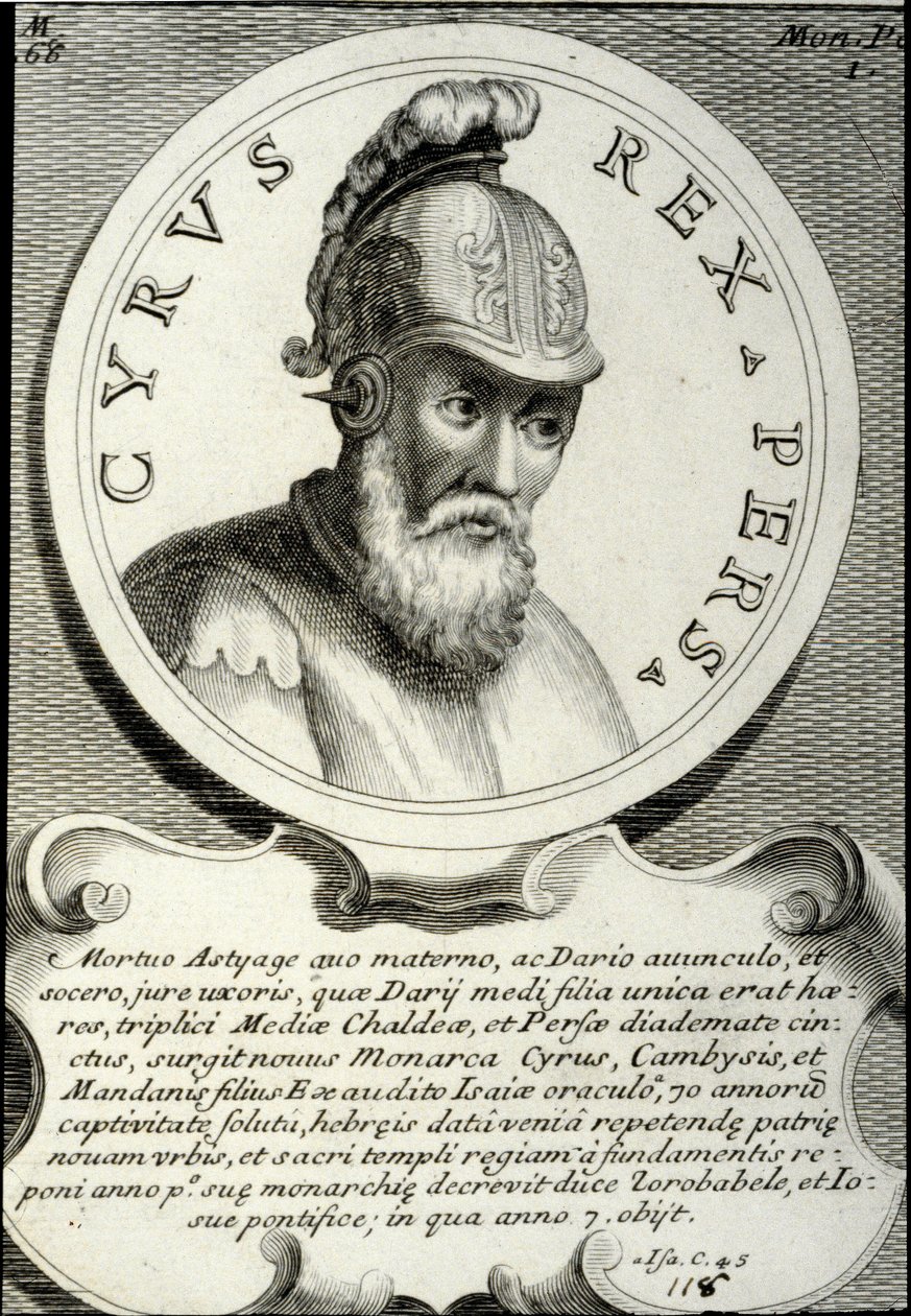 Portret van Cyrus II (ca. 559-529 v.Chr.) genaamd Cyrus de Grote, stichter van het Perzische Rijk. Gravure uit de 18e eeuw door Unknown artist