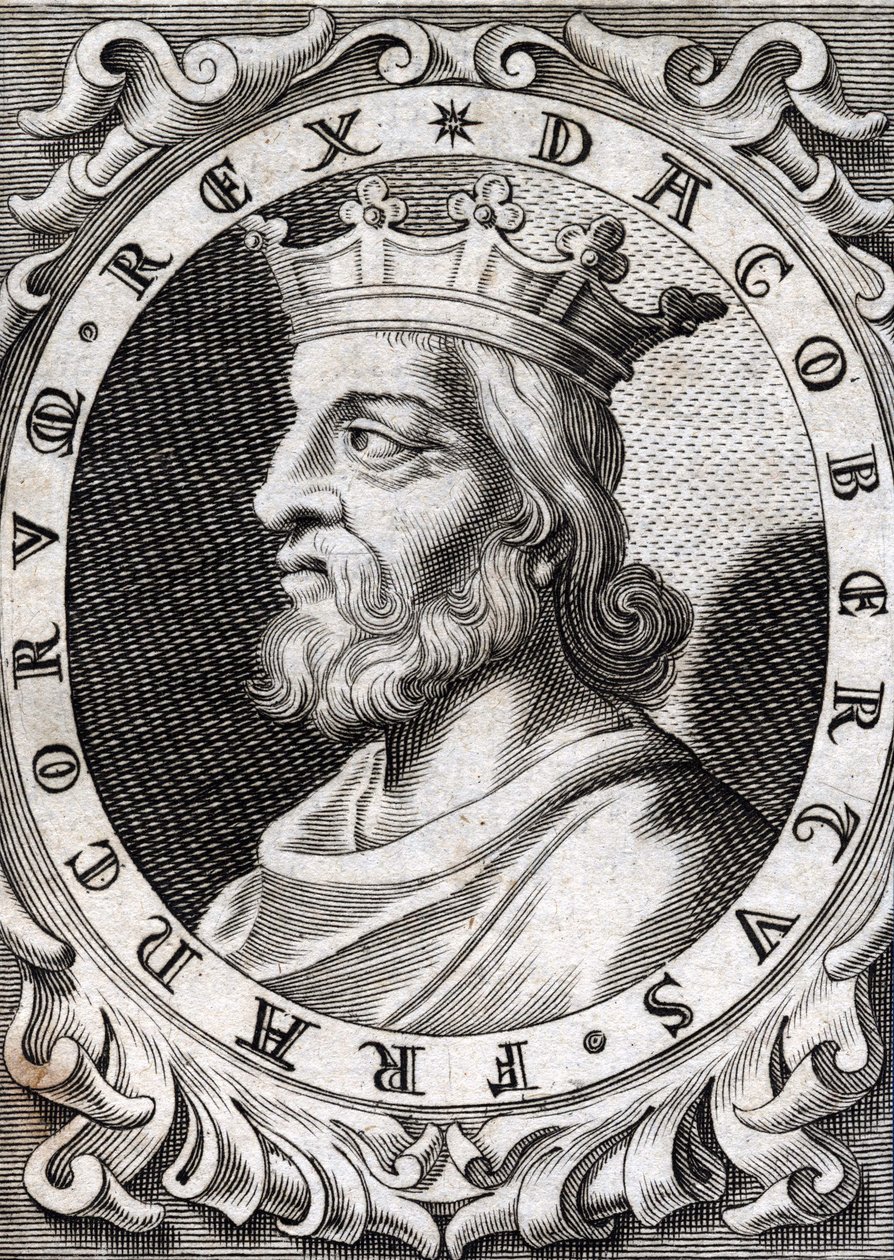 Portret van Dagobert I (? - 639), koning van de Franken, Dynastie van de Merovingen. Gravure van de 18e eeuw door Unknown artist