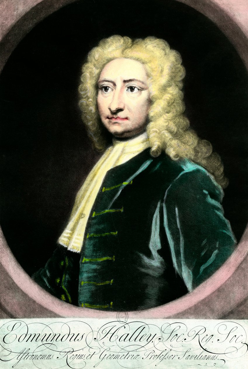 Portret van Edmond Halley, Britse astronoom (gravure 18e eeuw) door Unknown artist