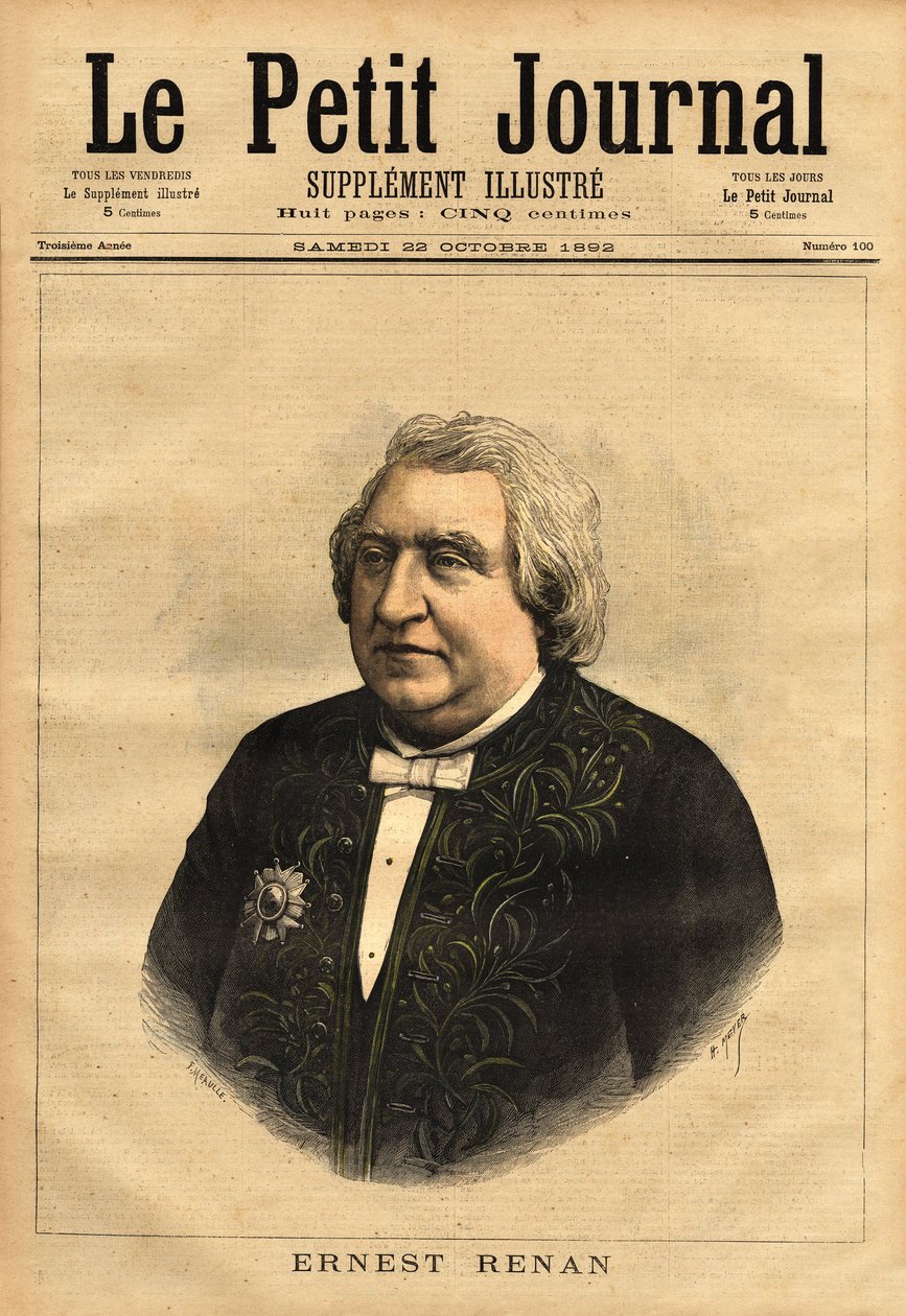 Portret van Ernest Renan (1823-1892), schrijver, filoloog, filosoof en historicus. Populaire auteur van 