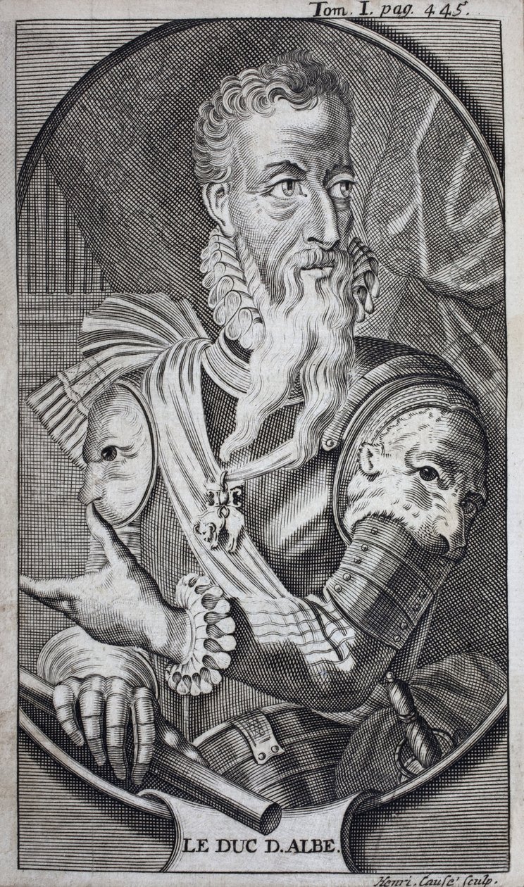 Portret van Ferdinand Alvare de Toledo (1507-1582) Derde Hertog van Alba, Groot van Spanje, Hertog van Huescar, Markies van Coria, Graaf van Salvatierra, Vicekoning van Napels (Italië) en Gouverneur van de Nederlanden. Gravure ter illustratie van 