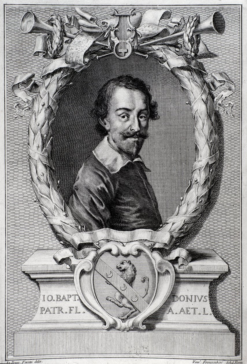 Portret van Giovanni Battista Doni (1596-1647) Italiaanse musicoloog Gravure van frontispice van 