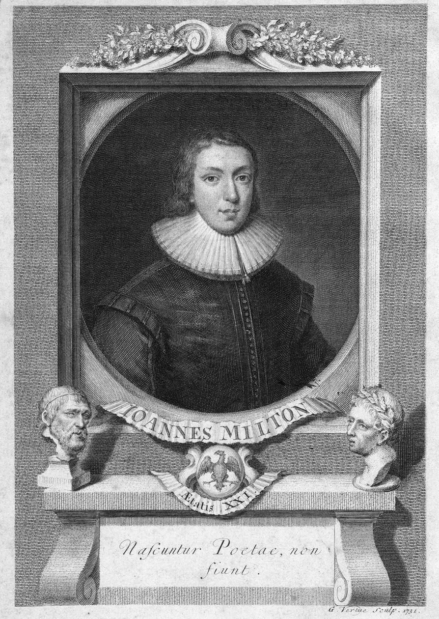 Portret van John Milton, Engelse dichter en essayist (1608 - 1674) gravure 18e eeuw door Unknown artist