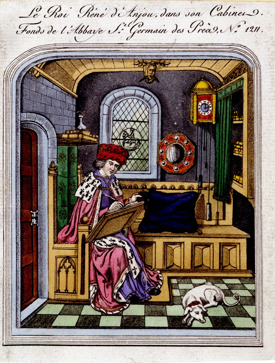 Portret van koning René van Anjou (1409-1480), ook wel René I van Napels of René van Sicilië genoemd, in zijn kabinet - gravure naar een miniatuur door Unknown artist