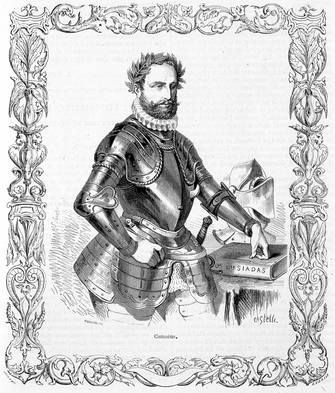 Portret van Luis de Camoens in harnas - gravure door Unknown artist