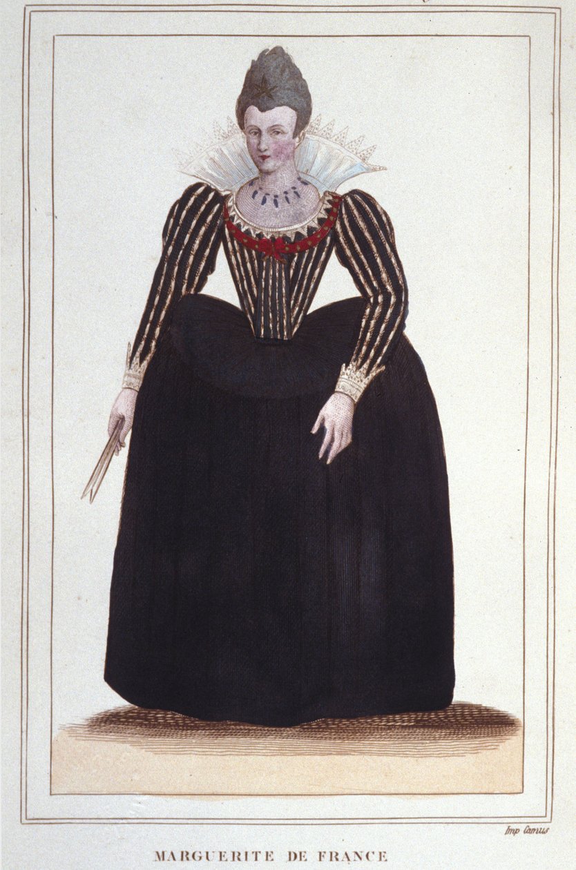 Portret van Margaretha van Valois, bekend als koningin Margot (1553 - 1615), koningin van Navarra, eerste vrouw van Hendrik IV. Gravure uit 1830 door Unknown artist
