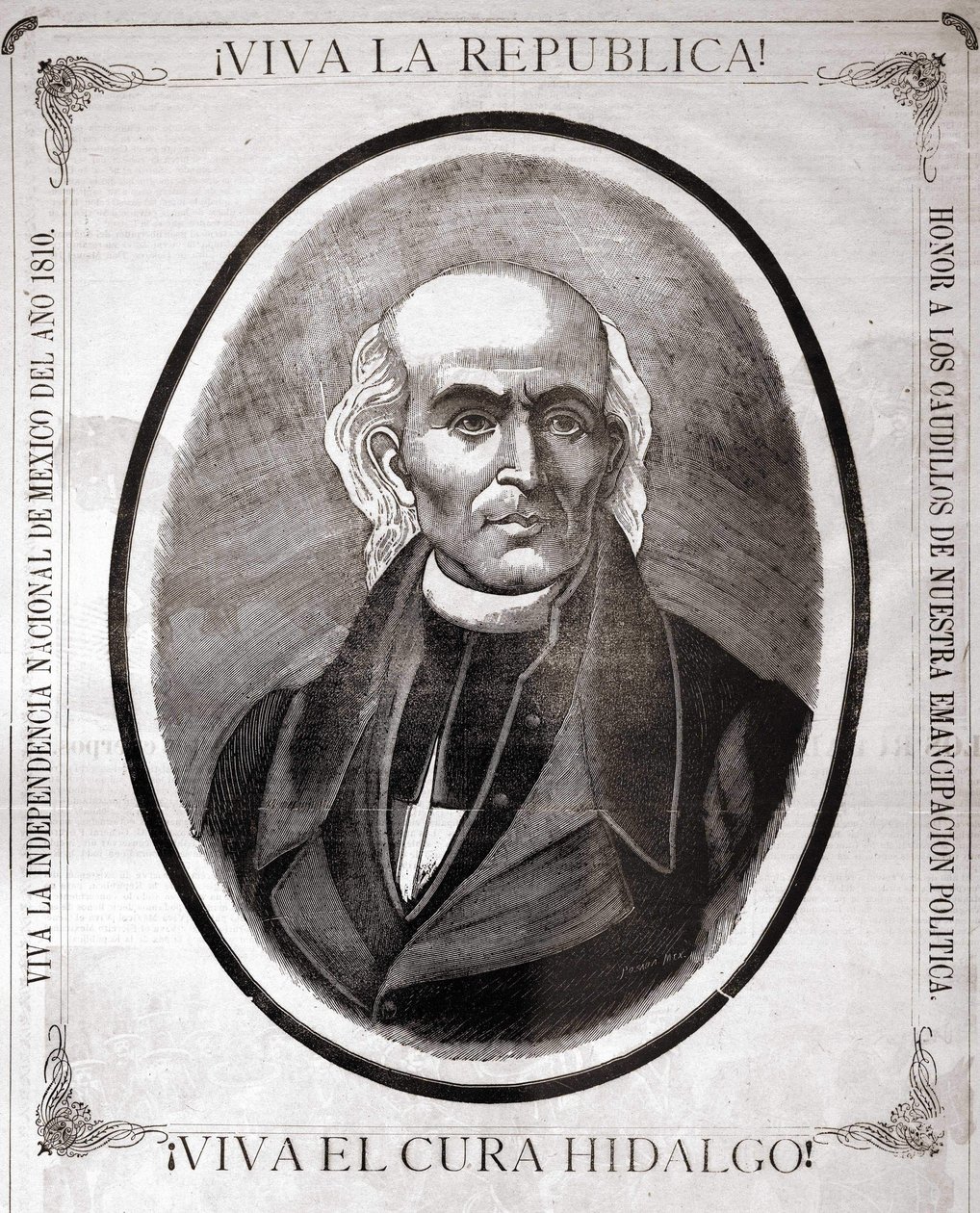 Portret van Miguel Hidalgo y Costilla (1753 - 1811), Mexicaanse priester (in 1810 riep hij de onafhankelijkheid van zijn land uit). Gravure ter ere van hem aan het einde van de 19e eeuw door Unknown artist