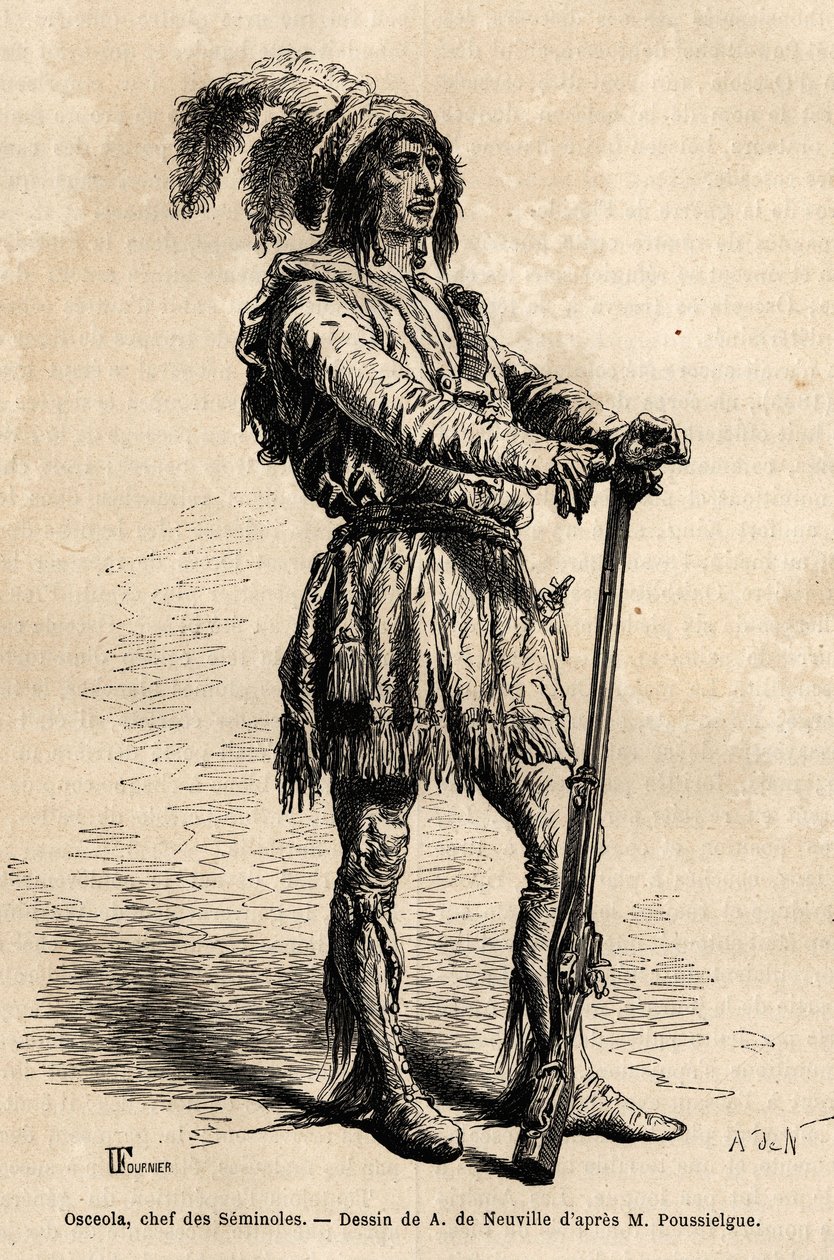 Portret van Osceola (1804-1838), leider van de Seminolen, aan het hoofd van het Indiaanse verzet tegen de Verenigde Staten tijdens de Florida-oorlog (1835-1842). Gravure ter illustratie van het verhaal vier maanden in Florida, door Achille Pousselgue in 18 door Unknown artist