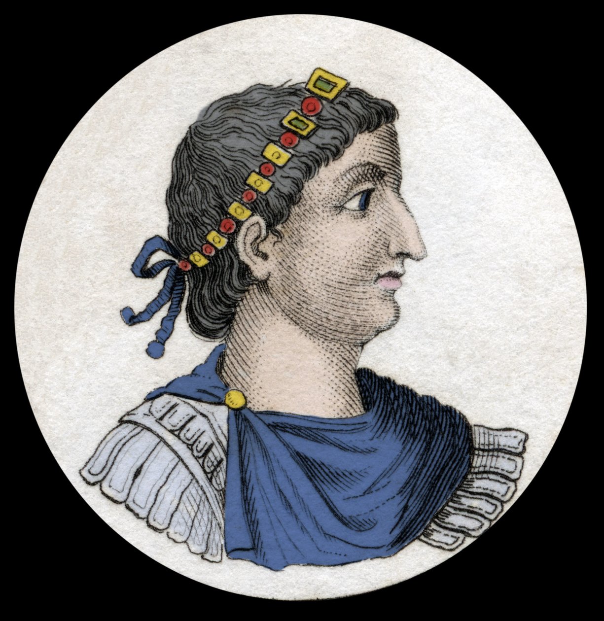 Portret van Theodosius I (Flavius Theodosius) (347-395), Romeinse keizer, Gravure uit de 19e eeuw. door Unknown artist