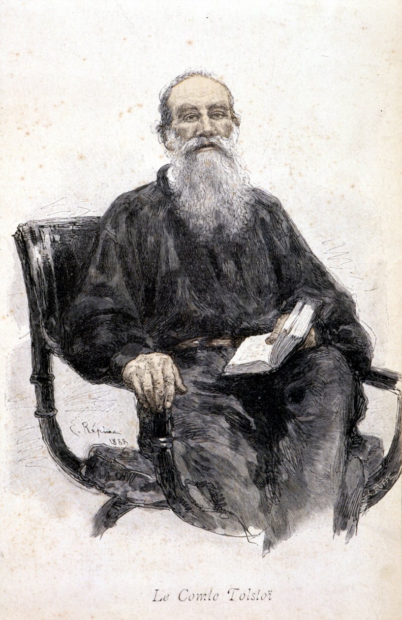 Portret van Tolstoy, gravure 1888. door Unknown artist