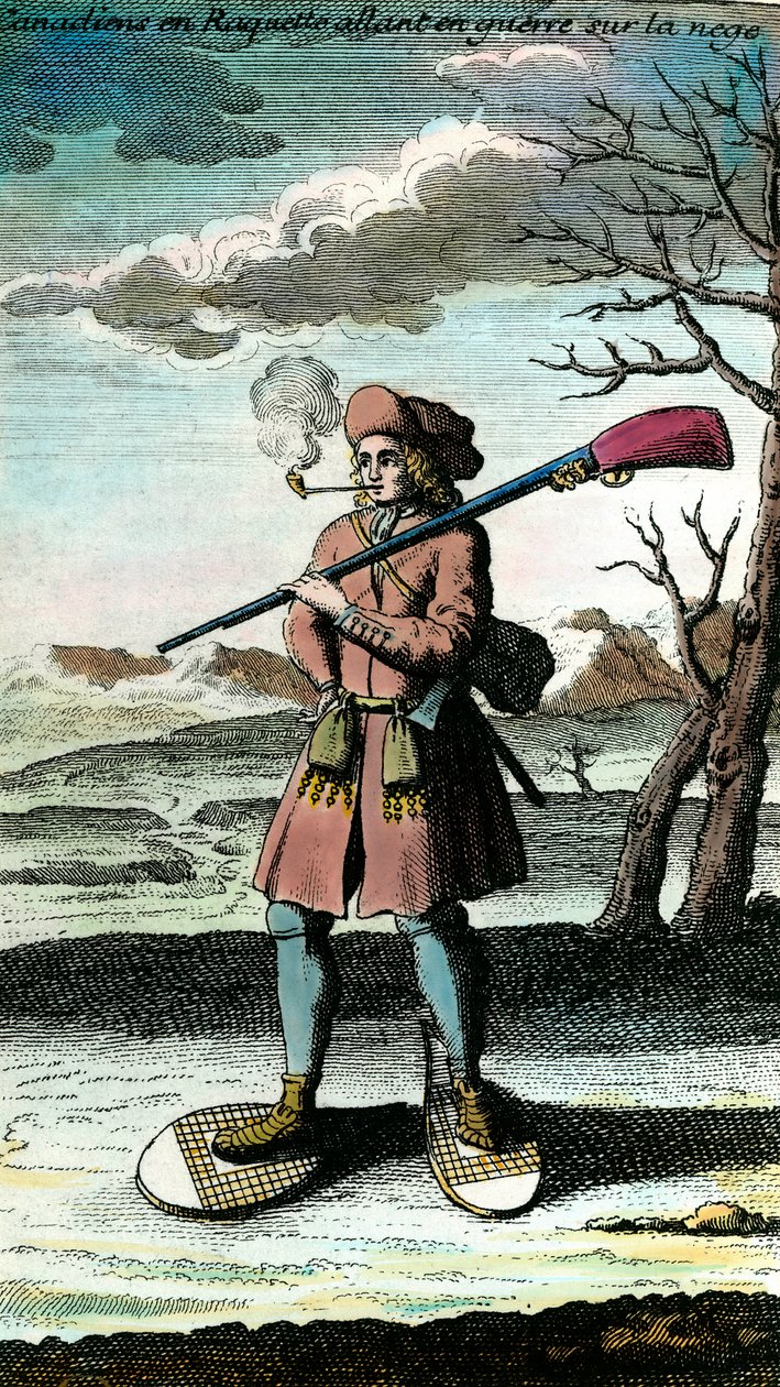 Portret van een Canadees in sneeuwschoenen op de sneeuw op weg naar de oorlog. 18e eeuwse gravure. Privécollectie. door Unknown artist