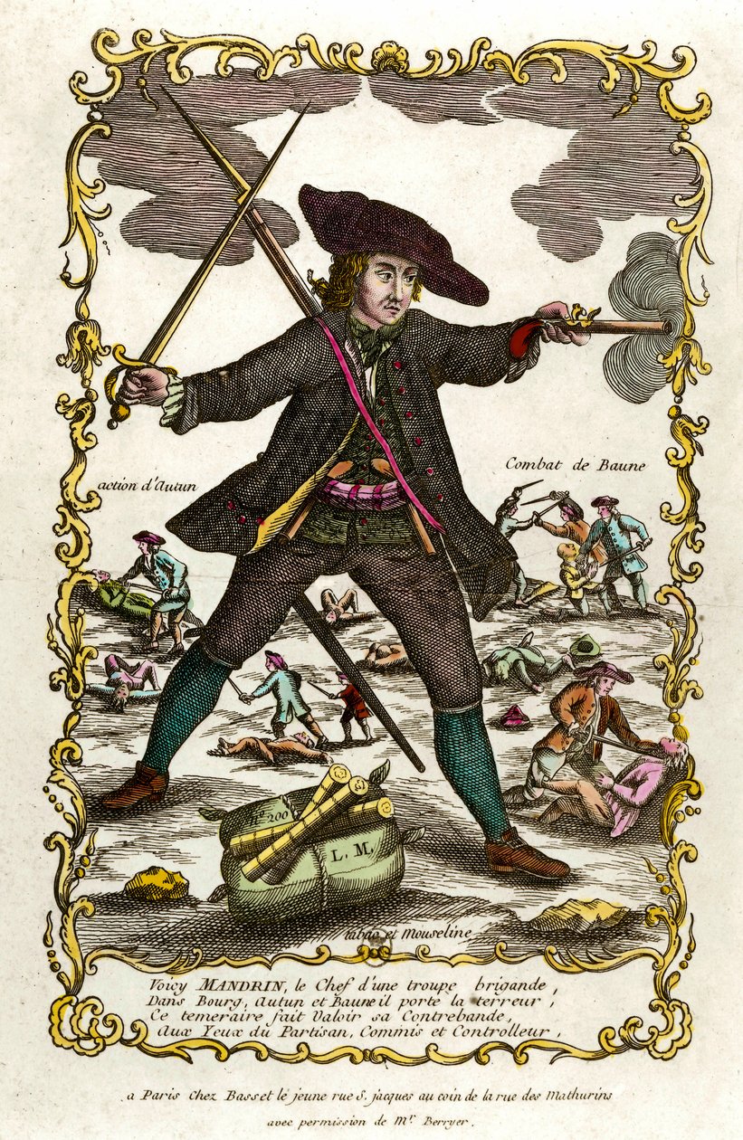 Portret van de Franse bandiet Louis Mandrin (ca. 1725-1755). Achter hem, de actie van Autun en het gevecht van Baune. Gravure uit de 18e eeuw. Privécollectie door Unknown artist