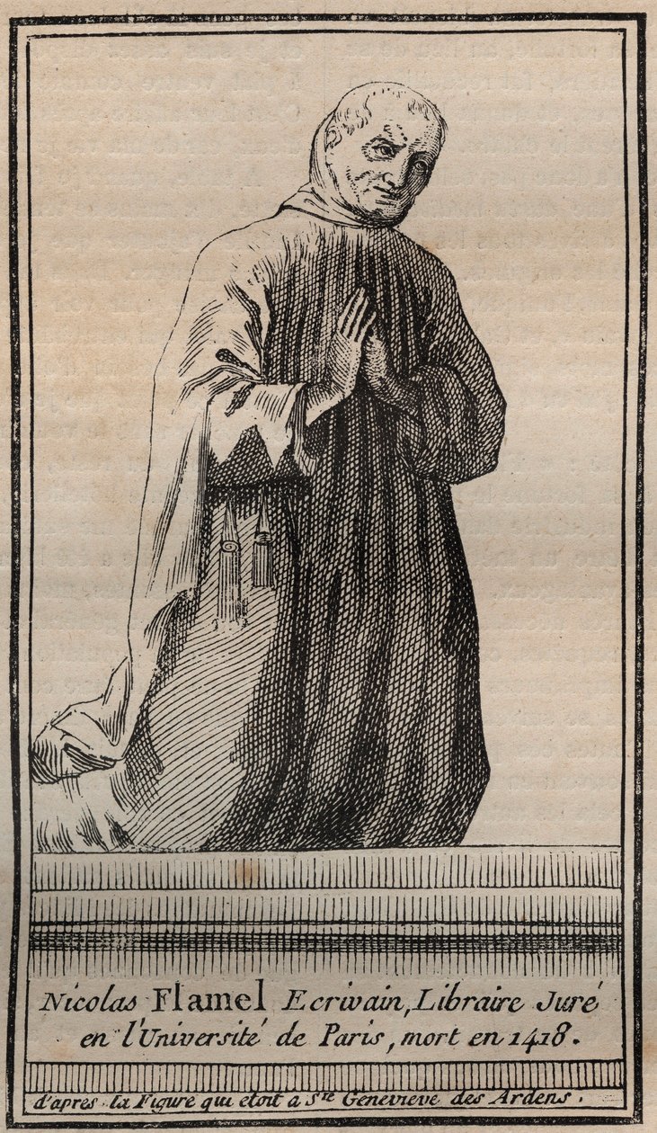 Portret van de Franse alchemist Nicolas Flamel (1330-1418) - Gravure - Portret van de Engelse alchemist Nicolas Flamel - Gravure Privécollectie door Unknown artist