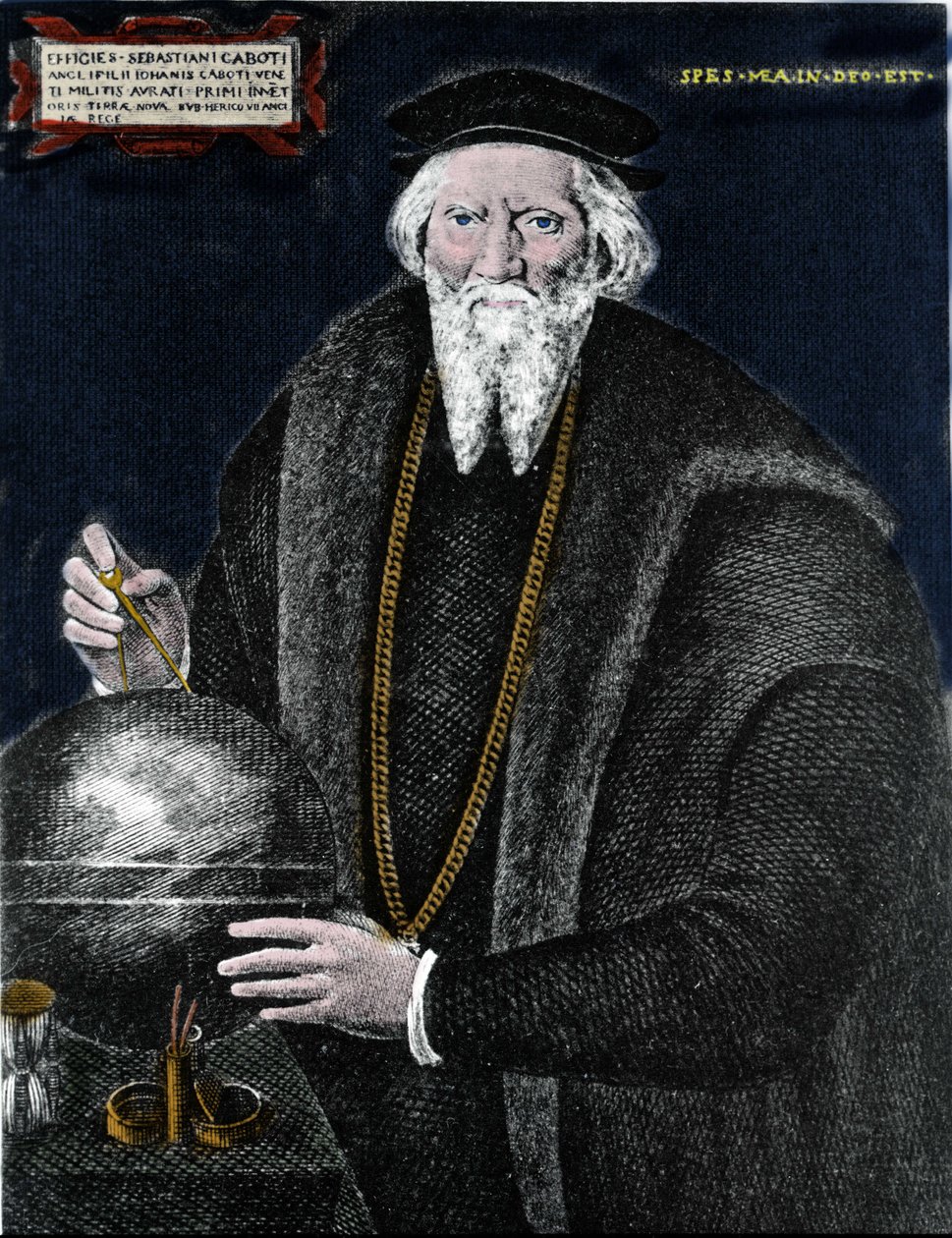 Portret van de navigator Sebastiano Caboto (Sebastien Cabot) (1476 - 1557), die samen met zijn vader Labrador en Newfoundland ontdekte. Gravure door Unknown artist