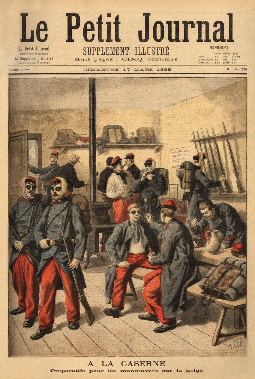 Voorbereidingen voor manoeuvres in de sneeuw, in plaats van een bril met rookglazen dragen de soldaten zwarte roet. Gravure in "Le petit journal" 17/03/1895. Selva