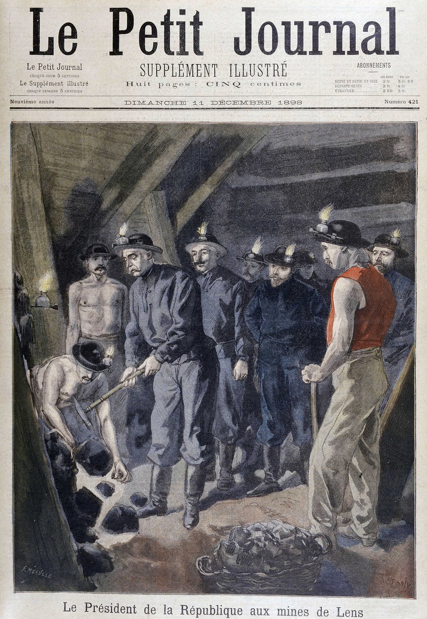 President van de Republiek Jean Casimir-Perrier omringd door mijnwerkers in de mijnen van Lens, 