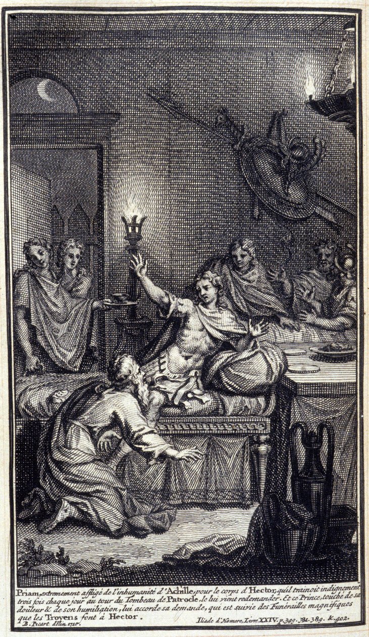 Priamus, zeer bedroefd door de onmenselijkheid van Achilles, voor het lichaam van Hector, dat hij elke dag drie keer rond het graf van Patroclus sleepte, komt hem opnieuw vragen. En deze prins, geraakt door zijn pijn en vernedering, verleent hem zijn verzo door Unknown artist