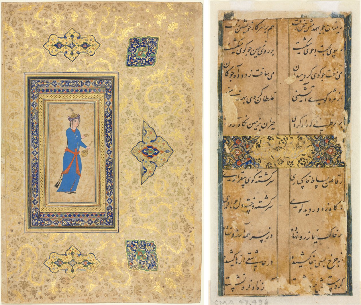 Prinses met wijnfles en beker (recto); Perzische verzen (verso) door Unknown artist