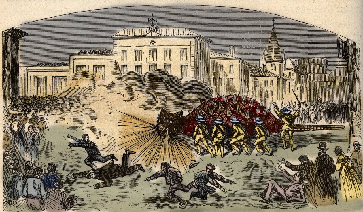 Processie van de draak Tarasque in Tarascon, Zuid-Frankrijk - gravure in 