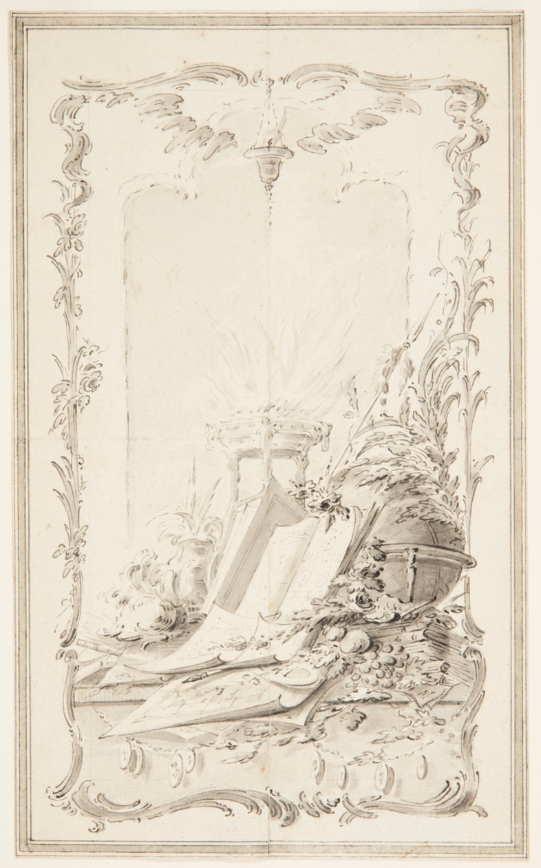 Project voor boekillustratie; Een paneel met attributen van wetenschappen en van een held door Unknown artist