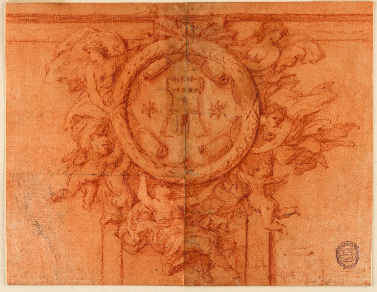 Project voor een wanddecoratie (Vrouwelijke figuren en putti ondersteunen een cirkelvormig medaillon met wapenschild) door Unknown artist