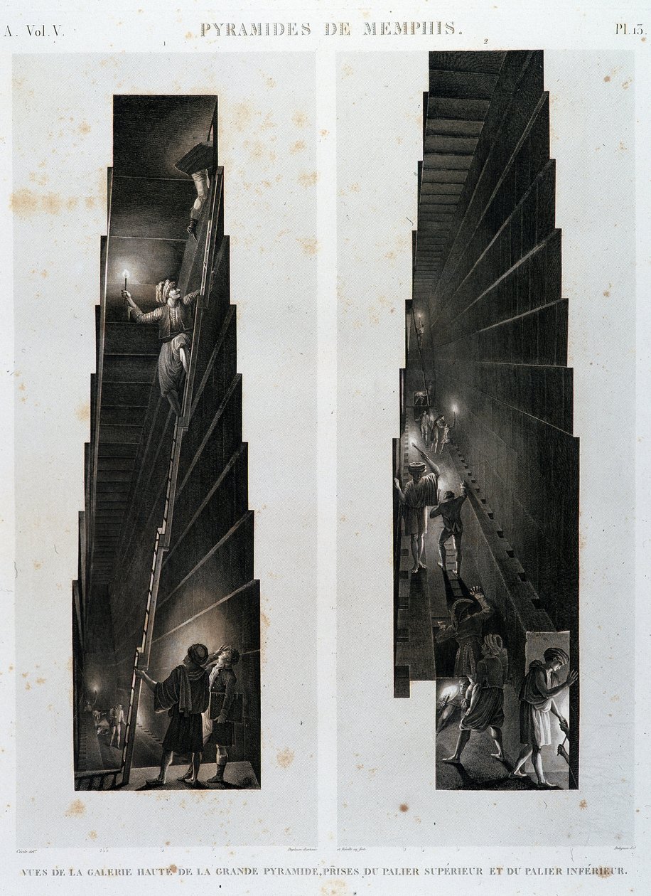 Piramides van Memphis: uitzicht op de bovenste galerij van de Grote Piramide, genomen van de bovenste en onderste lager - in “Beschrijving van Egypte”, Keizerlijke Edities door Unknown artist