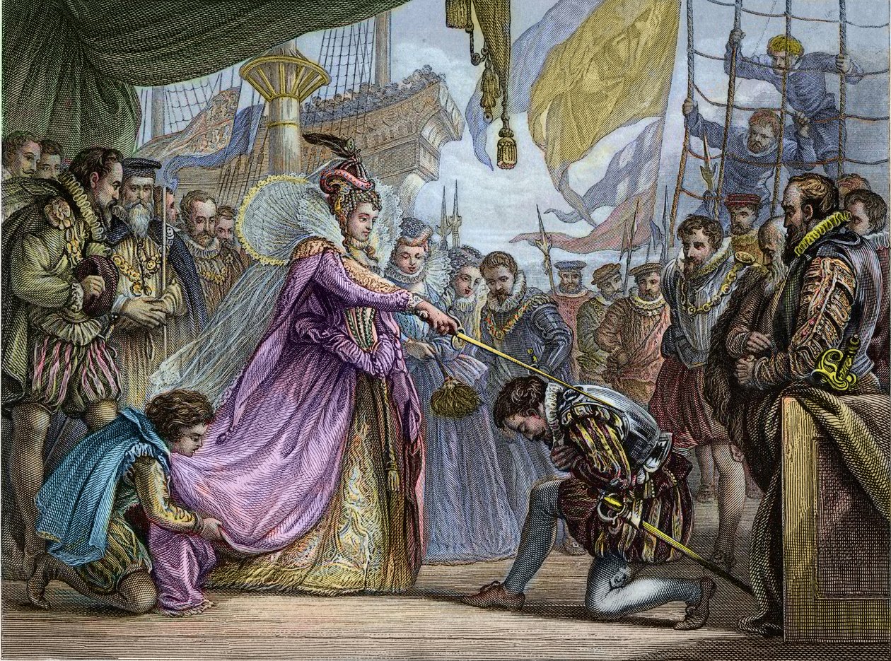 Koningin Elizabeth I (1530-1603) slaat Francis Drake (1540-96) tot ridder - Verzachting door Francis Drake (1540-1596) door Unknown artist